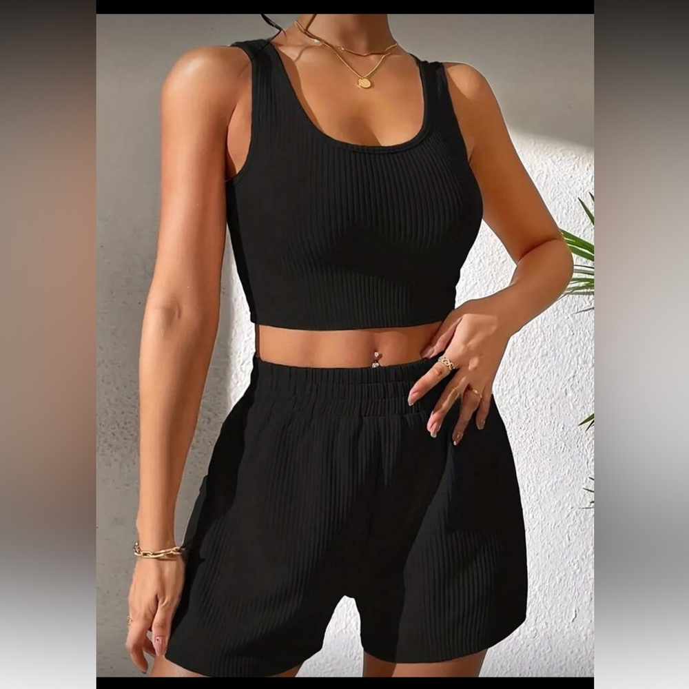 Black Ribbed Women's Short Set